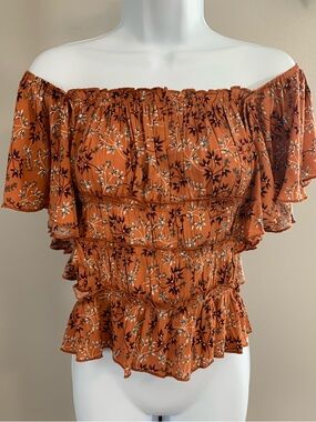 NWT easel Rust Floral On/Off-Shoulder Smocked Peplum Blouse
